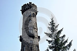 A stone observation tower on the top of the DÄ›ÄÃ­nskÃ½ SnÄ›Å¾nÃ­k, Czech Republic